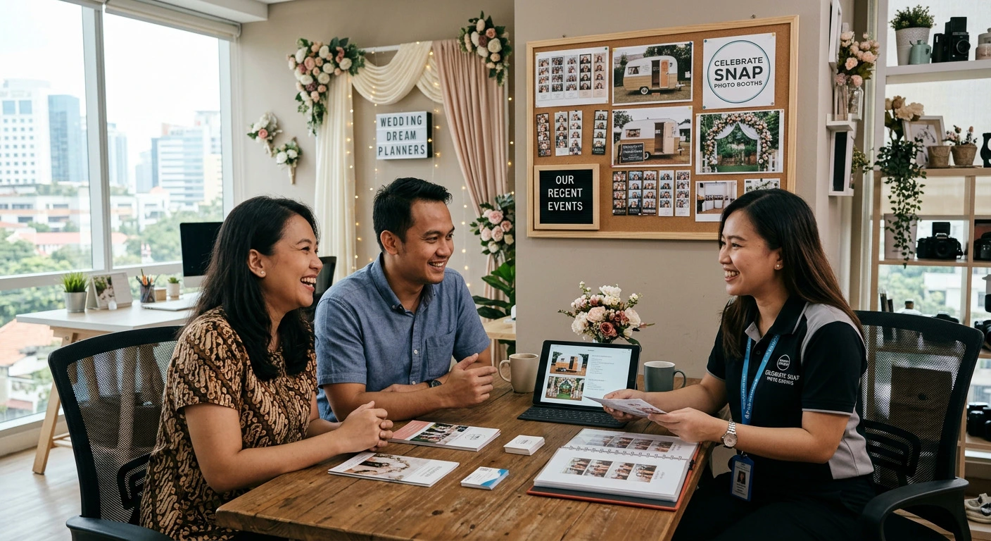 Pasangan sedang berkonsultasi dengan vendor photo booth sebelum hari pernikahan