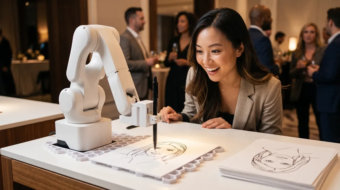 Robot DoodleBot Wefio sedang menggambar karikatur tamu di event