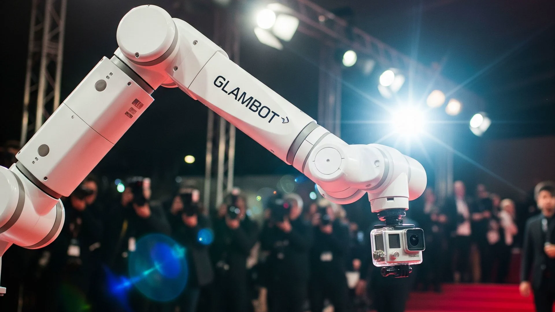 Robot arm Glambot Wefio sedang bergerak mengitari tamu di sebuah resepsi pernikahan
