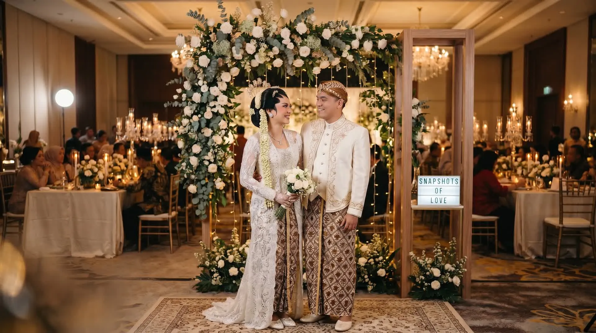 Pasangan pengantin berpose di photo booth Wefio saat resepsi pernikahan
